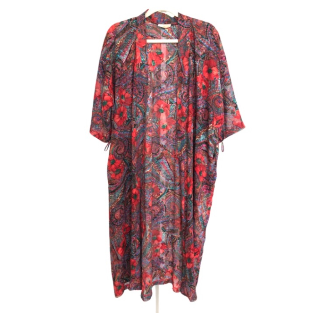 Vintage Red Sheer Floral Print Duster/Robe - Picture 1 of 8